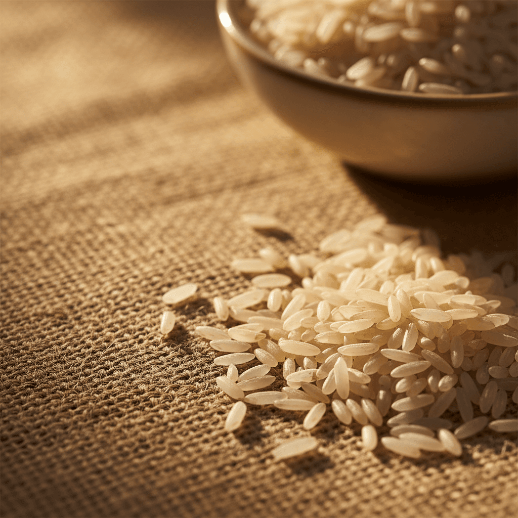 Close-up of premium Basmati rice grains on jute fabric with golden hour lighting and ceramic bowl in background